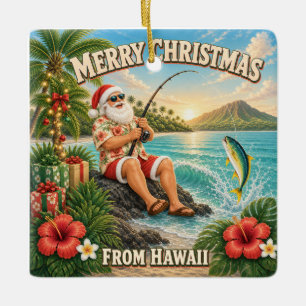 Adorno De Cerámica Camiseta de Santa Pescando en Hawaii Navidad