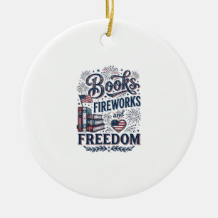 Adorno De Cerámica Camiseta Lector Patriótico Libros Fuegos Artificia