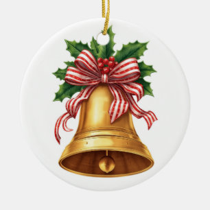 Adorno De Cerámica Campana de Navidad Dorada Holly y Lazo de Raya