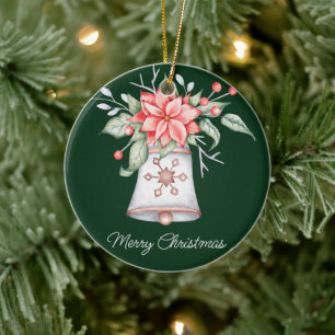 Adorno De Cerámica Campana de Navidades Pastel con poinsettia Cerámic
