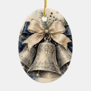 Adorno De Cerámica Campanas de Navidad de plata elegantes en acuarela