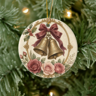 Adorno De Cerámica Campanas de Oro Antiguo Rosas de Burdeos Navidad