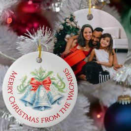 Adorno De Cerámica Campanas de plata acuarela lazo rojo Navidad foto