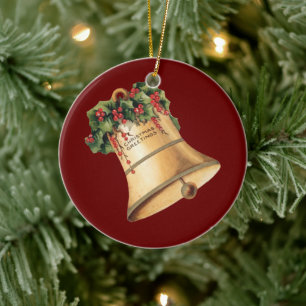 Adorno De Cerámica Campanas Doradas de Navidad Vintage, Saludos de la