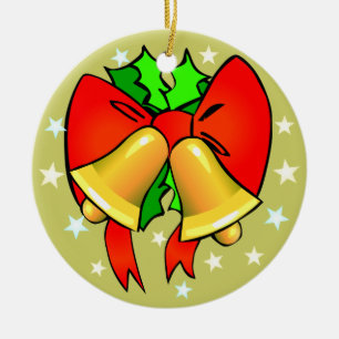 Adorno De Cerámica Campanas Doradas Lazos Rojos Acebo Verde Navidad