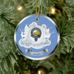 Adorno De Cerámica Campbell Clan Badge in Winter Scene Christmas<br><div class="desc">Pick a winter scene for your Christmas ornaments this year. Includes your clan badge in a snow globe surrounded by Scottish white stags and trees laden with snow. Perfect for that pre-Christmas present!</div>
