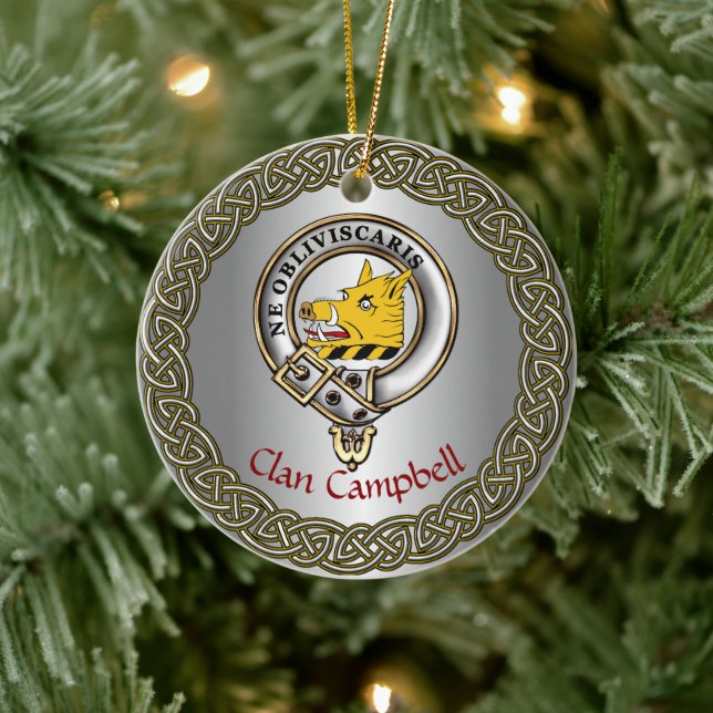 Adorno De Cerámica Campbell Clan Badge & Tartan Thistle Personalized (Árbol)