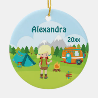 Adorno De Cerámica Camping Chica Fire Camper Tent Backpack Blona