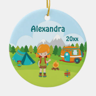 Adorno De Cerámica Camping Chica Fire Camper Tienda Mochila Roja