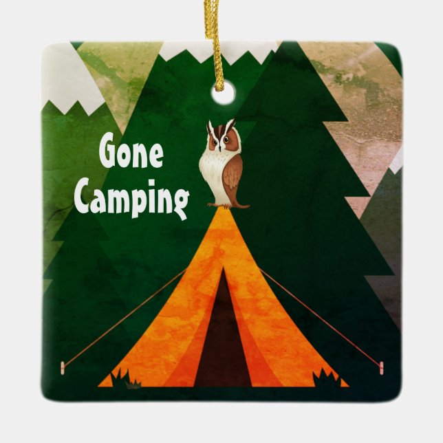 Adorno De Cerámica Camping personalizado: Navidades de carpas y búhos (Anverso)
