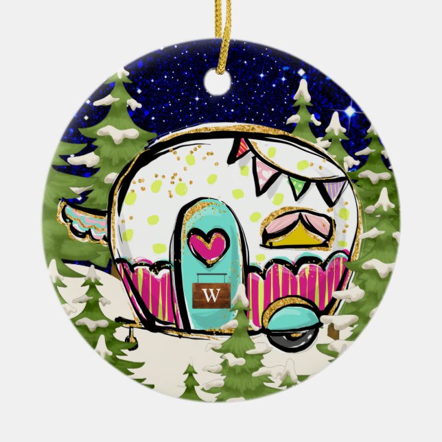 Adorno De Cerámica Camping Trailer con Rótulo de puerta (Frente)