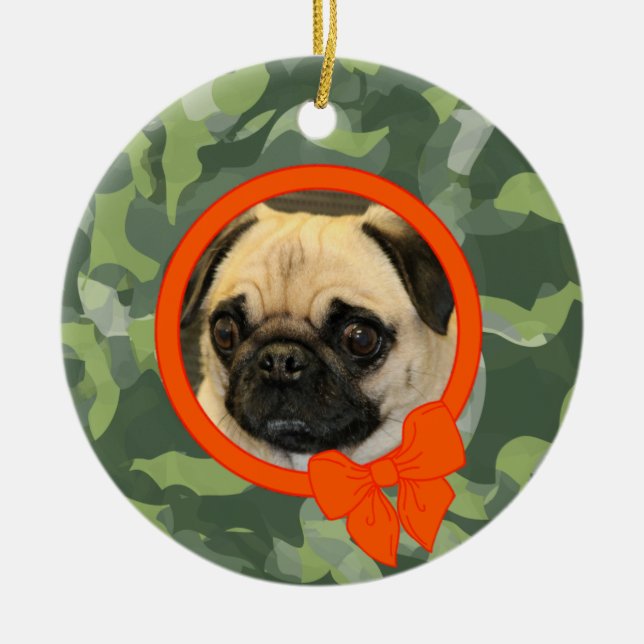 Adorno De Cerámica Camuflaje fotográfico mascota con Naranja Bow (Frente)