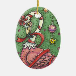 Adorno De Cerámica CAÑA DE CANDIDA ROSA FLAMINGO NAVIDAD ORNAMENTE Ov