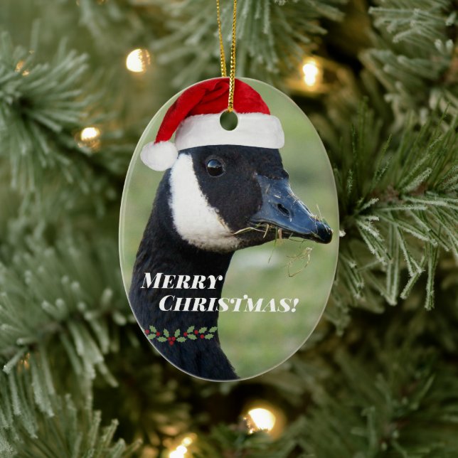 Adorno De Cerámica Canadá Goose con vacaciones en Santa Hat (Árbol)