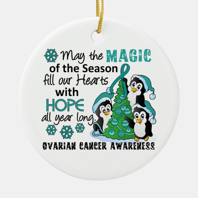 Adorno De Cerámica Cáncer ovárico de los pingüinos del navidad (Frente)