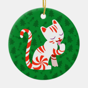 Adorno De Cerámica Candy Cane Cat