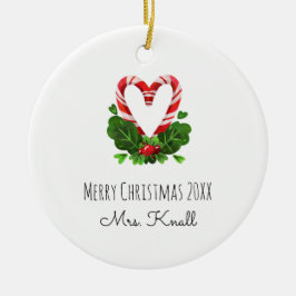 Adorno De Cerámica Candy Cane Heart Merry Christmas Year TEACHER Name