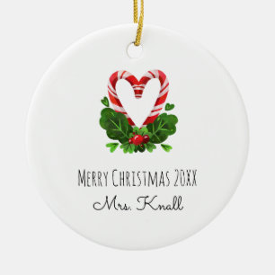 Adorno De Cerámica Candy Cane Heart Merry Christmas Year TEACHER Name