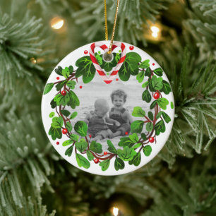 Adorno De Cerámica Candy Cane Heart Wreath Foto Feliz Año de Navidad