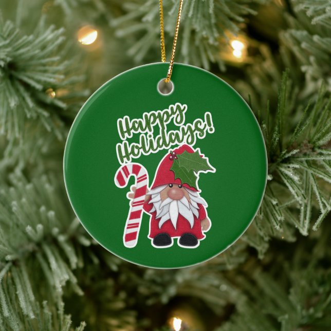 Adorno De Cerámica Candy Cane Holly Gnome | ¡Felices fiestas! (Árbol)
