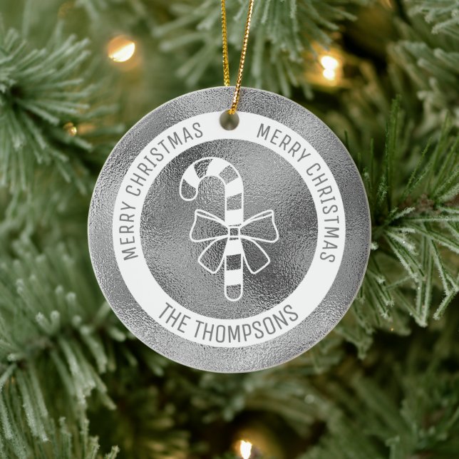 Adorno De Cerámica Candy Cane - Relieve metalizado plateado falso (Re (Árbol)