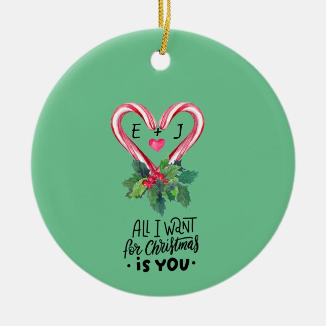 Adorno De Cerámica Candy Canes, Holly Berry, Love, Monograma (Frente)