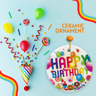 Adorno De Cerámica Candy de cumpleaños feliz y globos