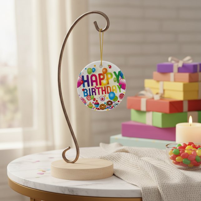 Adorno De Cerámica Candy de cumpleaños feliz y globos (Happy Birthday Candy and Balloons Ceramic Ornament)