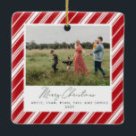 Adorno De Cerámica Candycane Stripe Merry Christmas<br><div class="desc">Candy-cane Stripe Merry Diseño navideño con 3 fotos</div>