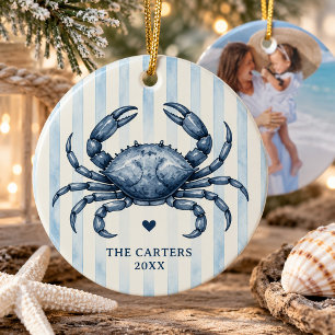 Adorno De Cerámica Cangrejo Azul Acuarela de Moda Costera Foto con Ra