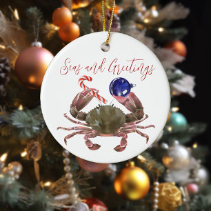 Adorno De Cerámica Cangrejo Navidad Acuarela Crustáceo