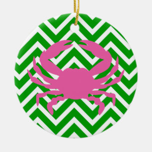 Adorno De Cerámica Cangrejo rosa y monograma de Chevron verde