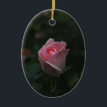 Adorno De Cerámica Capullo de rosa rosado<br><div class="desc">Capullo de rosa rosado hermoso en fondo verde oscuro. Fotografía.</div>