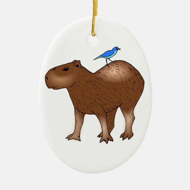 Adorno De Cerámica Capybara del dibujo animado con el pájaro azul en (Frente)