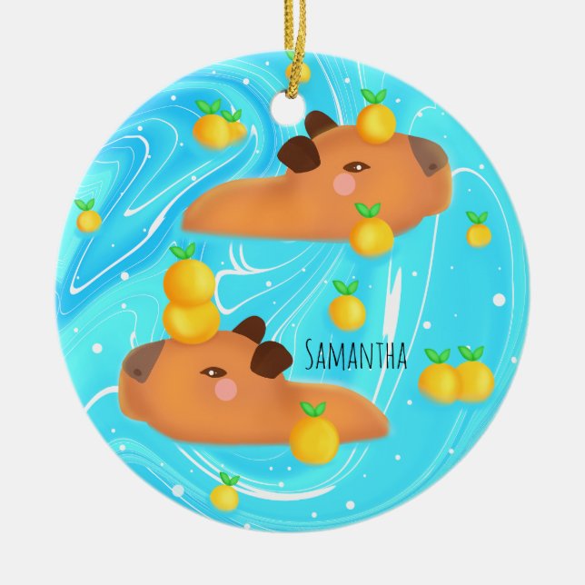 Adorno De Cerámica Capybaras En Agua Con Naranjas (Frente)