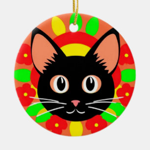Adorno De Cerámica Cara de Gato Adorable Ilustración Vibrante