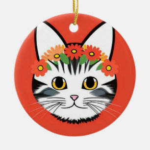 Adorno De Cerámica Cara de Gato Adorable Ilustración Vibrante