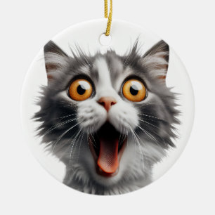 ADORNO DE CERÁMICA CARA DE GATO GRAY Y BLANCO SORPRENDIDO