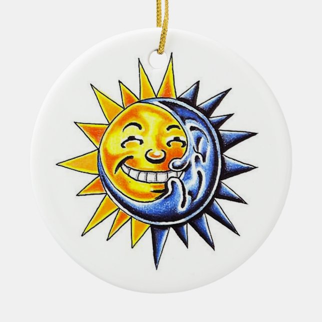 Adorno De Cerámica Cara de luna feliz del sol del dibujo animado del (Frente)