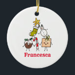 Adorno De Cerámica Caracteres de Navidades personalizados<br><div class="desc">La decoración de este colgante de cerámica Navidad personalizada incluye el "equipo de Navidades". Un grupo de lindos personajes de Navidades pequeños que adoran divertirse y hacer travesuras a los Navidades. El equipo incluye a Snowman,  Navidades Stocking,  Star,  Navidades Pudding,  Present y Candy Cane.</div>
