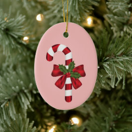 Adorno De Cerámica Caramelo De Navidad Con Un Lazo Y Acebo De Navidad
