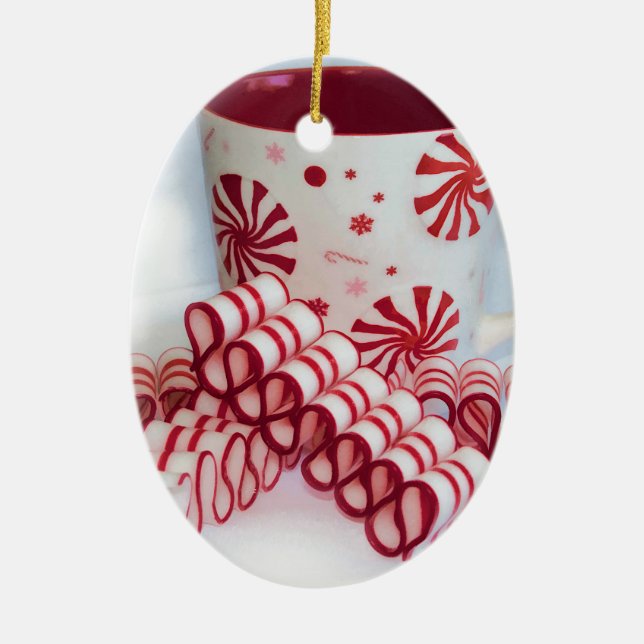 Adorno De Cerámica Caramelo rojo y blanco pasado de moda de la cinta (Frente)