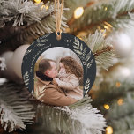 Adorno De Cerámica Carbón | Foto de Winter Laurel<br><div class="desc">Una moda y un elegante diseño de adorno vacacional con una foto favorita a cada lado en un diseño único en arcos, adornado con un follaje botánico muy detallado. Personalice estos hermosos y festivos adornos con su nombre familiar y el año para una memorable adición a su árbol de Navidad....</div>