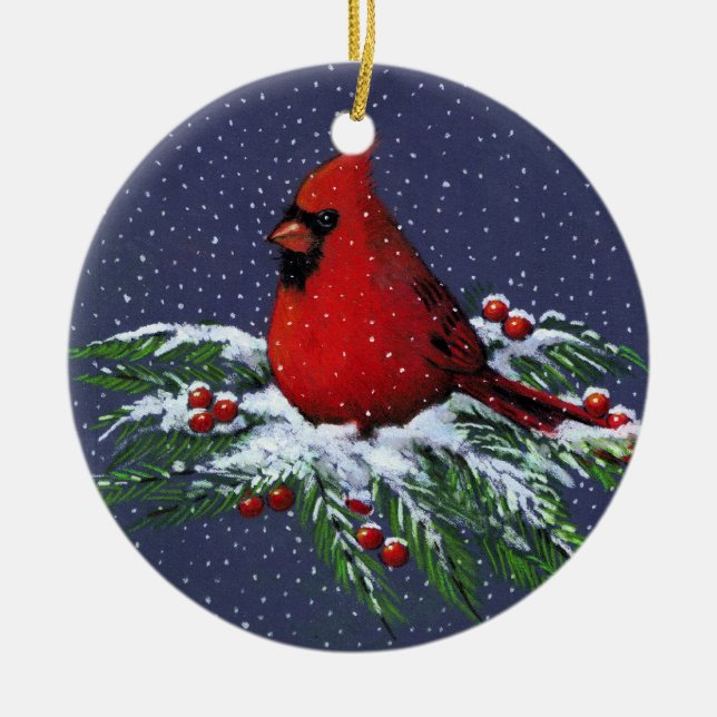 ADORNO DE CERÁMICA CARDENAL DEL NAVIDAD: PÁJARO: NIEVE: ARTE (Frente)