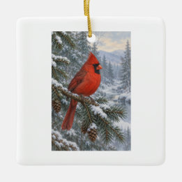 Adorno De Cerámica Cardenal invernal en un bosque de pinos nevado