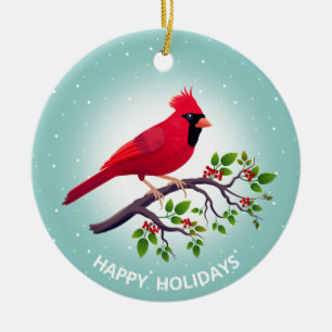 Adorno De Cerámica Cardenal Rojo de Navidad sobre Azul Teal