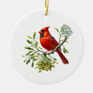 Adorno De Cerámica Cardenal Rojo en una Rama de Muérdago