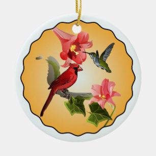 Adorno De Cerámica Cardenal y colibrí con lirios rosados redondos