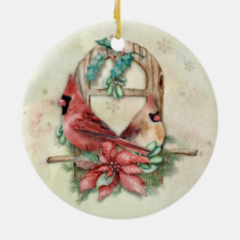 Adorno De Cerámica Cardenales de invierno emparejan con Poinsettia