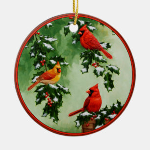 Adorno De Cerámica Cardenales rojos del norte y Holly